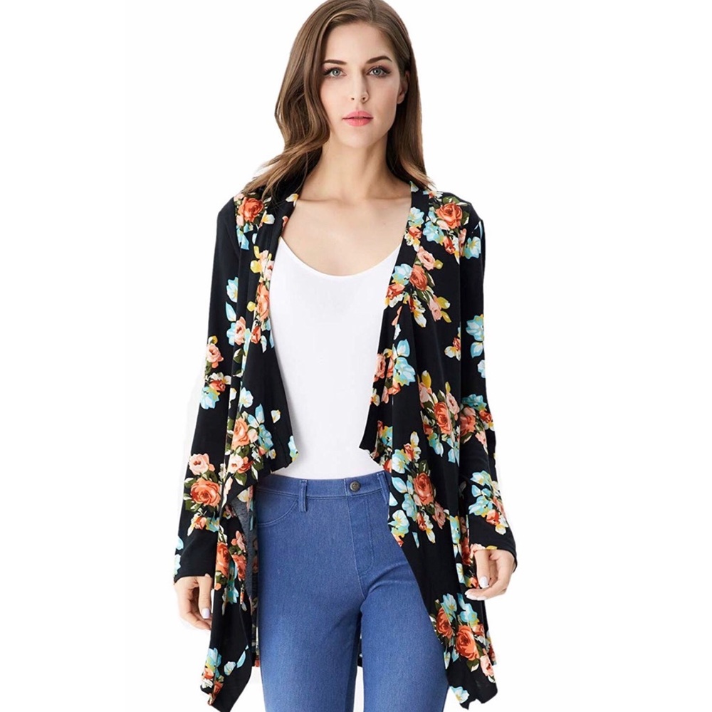 New Black Casual Women’s Floral Peach/ Blue Long Sleeve Kimono Cardigan Sz L, XL
